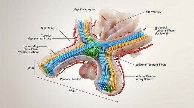 3D Photorealistic Complete Human Optic Chiasm Anatomy with Fiber Decussation Vascular Supply and Visual Pathway