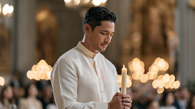 Filipino man in barong tagalog standing inside a candlelit church at a wake, holding a thick church candle in both hands, eyes cast downward, Catholic grief tradition, Southeast