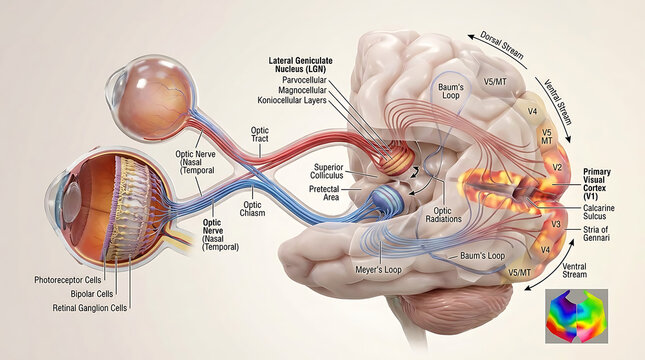 3D Photorealistic Complete Human Visual Pathway Anatomy with Retina Chiasm LGN Radiations and Visual Cortex