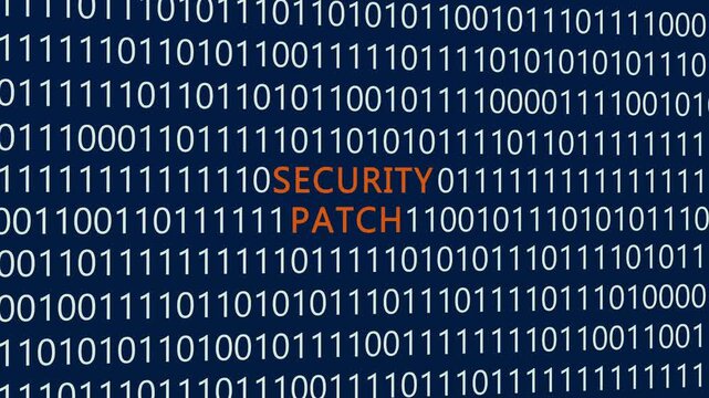 Security patch text or word with digital binary animation background, designed for an illustrative digital world technology concept representing software updating, system defense, and vulnerability fi
