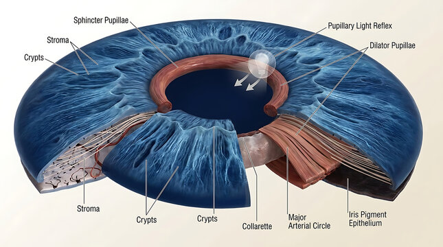 3D Photorealistic Complete Human Iris and Pupil Anatomy with Stroma Sphincter Dilator Crypts and Vascular Pattern