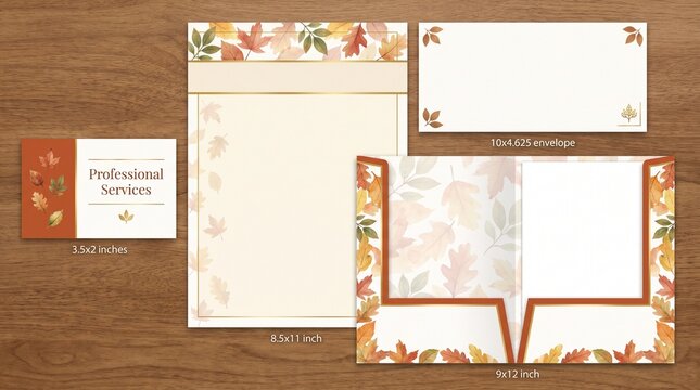 Finished professionally coordinated autumn print collateral suite: Business Card (3.5x2"), Letterhead (8.5x11"), Envelope (10x4.625"), Folder (9x12"). Coordinated harvest gold, rust red, forest green,