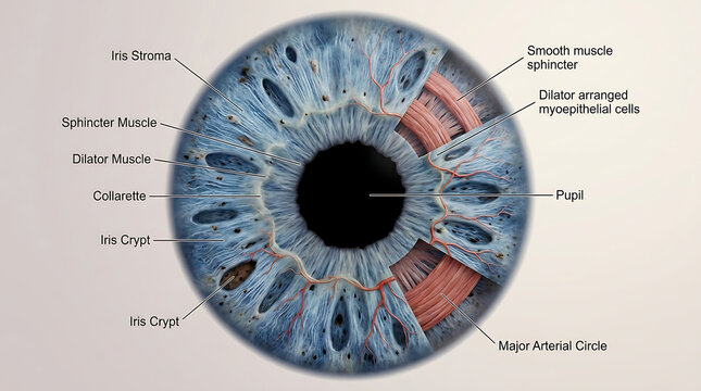 3D Photorealistic Complete Human Iris and Pupil Anatomy with Stroma Sphincter Dilator Crypts and Vascular Pattern
