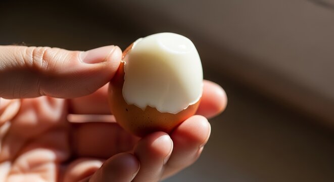Soft boiled egg held in hand with light reflecting off shell, breakfast item perfect for health enthusiasts. Soft boiled egg showcases creamy texture and is a delicious addition to wholesome mornings.