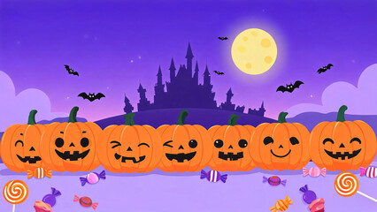 Fototapeta premium Flat Halloween pumpkins candies purple night castle illustration