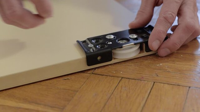 Aligning metal bracket on door edge for wheel installation process. Positioning and securing metal bracket onto door edge above parquet for wheel fitting purposes