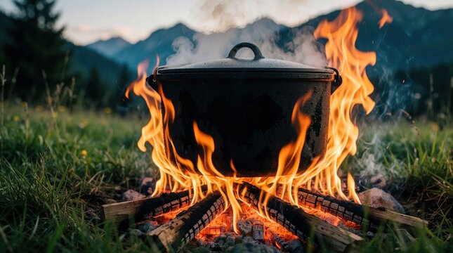 Large black pot cooks food over open campfire flames in a grassy field. Smoke rises from the cauldron with mountains in the background during twilight.