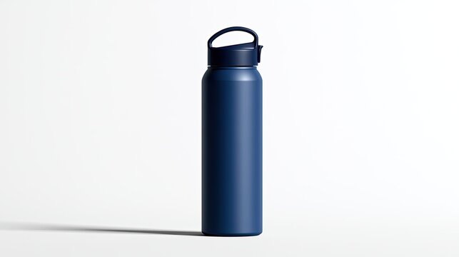 Sleek, navy blue, insulated water bottle with a flip-top lid and carrying strap