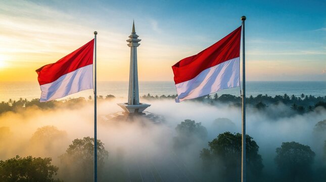 Indonesian flag waves on poles during sunrise. National red, white flag flies over Monas monument in Jakarta. Thick fog covers city trees, landscape. Early morning misty view of landmark under soft