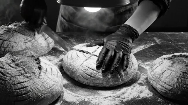Black and white close up of a baker scoring fresh sourdough bread loaves with a knife before baking.