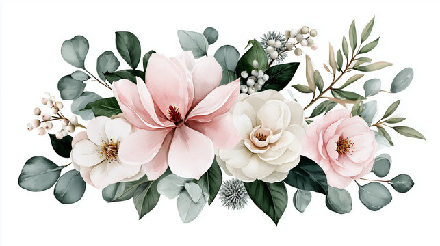 Watercolor floral bouquet with pink magnolias, white roses, and eucalyptus leaves isolated on white background