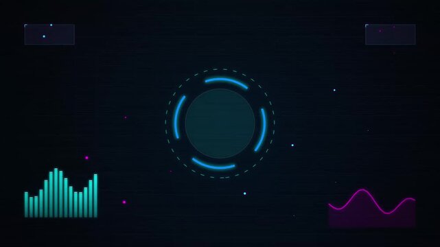 Futuristic digital hud interface motion render display with audio spectrum bars and data visualization waves on black background