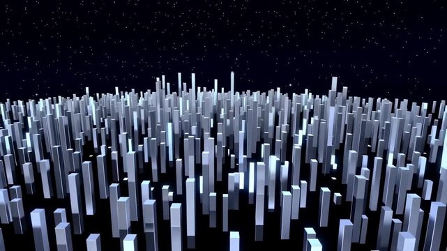 Abstract illuminated structures rise from dark ground, creating a dynamic visual landscape under a starry night sky, showcasing a progression of height and density