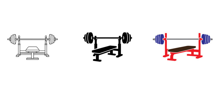 Bench press icon with barbell for gym strength training, bodybuilding, fitness, and workout vector design