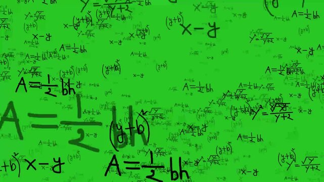 Mathematical formulas and geometric shapes on chalkboard animation isolated on green background