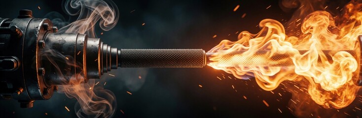 Obraz premium Close-up industrial mechanism part smolders with smoke, sparks. Bright orange flames erupt from metallic pipe section, showing intense heat, imminent danger. Concept for crisis, conflict, explosion.