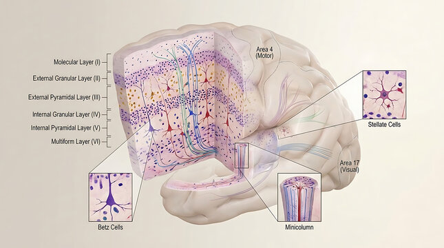 3D Photorealistic Complete Human Cerebral Cortex Histology with Six Layers Cell Types Columns and Regional Variations