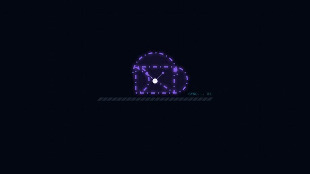 Futuristic dark mode cloud sync loading animation with neon data transfer and security shield