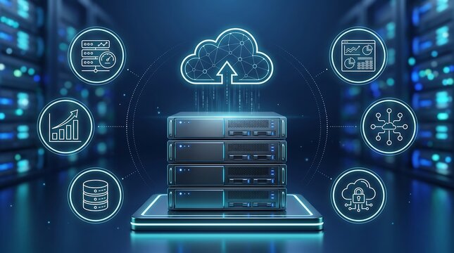 Modern server rack unit in a data center surrounded by glowing digital icons representing cloud storage network performance analytics security and global data management systems