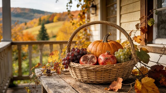 Natura morta  d'autunno: cesto  di zucche, melograni e frutti autunnali in un paesaggio stagionnale