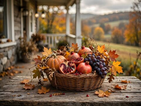 Natura morta  d'autunno: cesto  di zucche, melograni e frutti autunnali in un paesaggio stagionnale