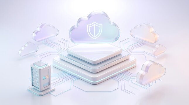 Futuristic cloud computing security platform with glass cloud and shield icon connected to multiple server nodes for secure enterprise data storage and cloud infrastructure