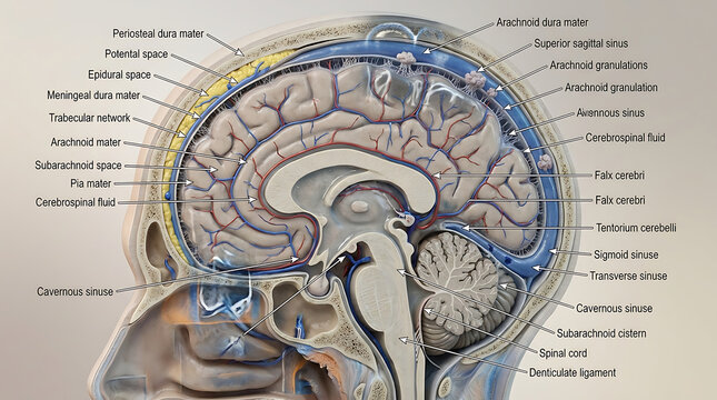 3D Photorealistic Complete Human Meninges Anatomy with Dura Arachnoid Pia Dural Folds and Venous Sinuses