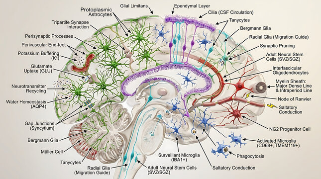 3D Photorealistic Complete Human Neuroglia Anatomy with Astrocytes Oligodendrocytes Microglia and Ependymal Cells