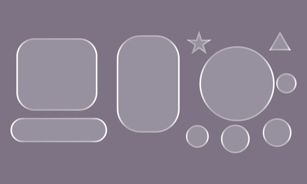 Glassmorphism UI design elements set with frosted transparent geometric frames on a grey background