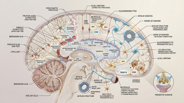 3D Photorealistic Complete Human Neuroglia Anatomy with Astrocytes Oligodendrocytes Microglia and Ependymal Cells