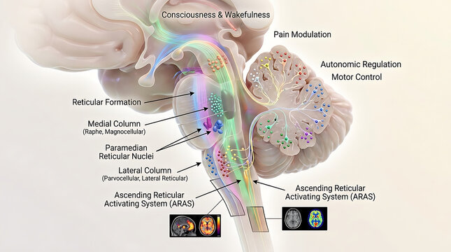 3D Photorealistic Complete Human Reticular Formation Anatomy with Ascending Activating System and Descending Projections