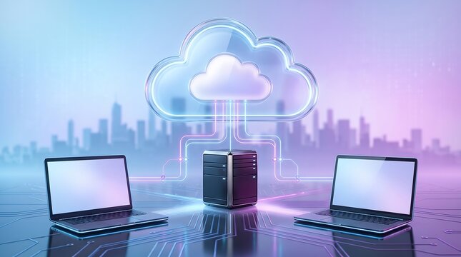 Futuristic cloud computing network infrastructure with central server unit connecting two open laptops for data storage and global connectivity in a digital environment with glowing light paths
