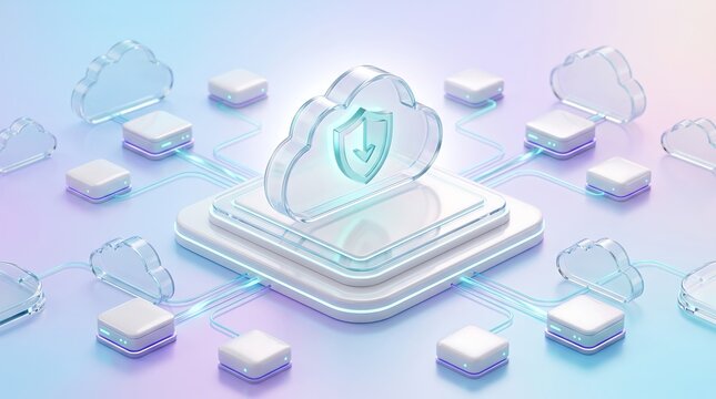 Cloud computing security shield icon hovering over a data platform with interconnected cloud nodes for secure data storage and encrypted global network protection 3D render