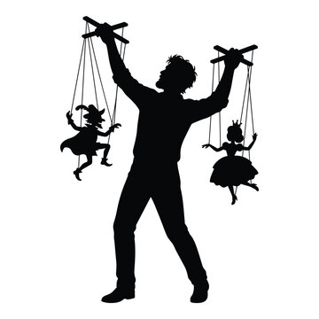 Puppeteer silhouette controlling string puppets on transparent background showcasing manipulation concept