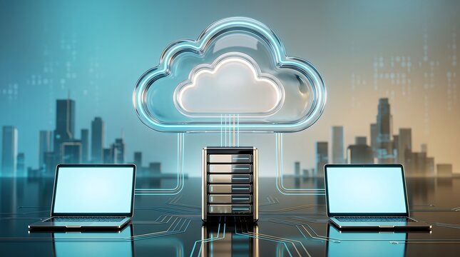 Futuristic cloud computing network infrastructure with central server tower and laptops connecting to global data storage visualization in high tech digital environment with cityscape background