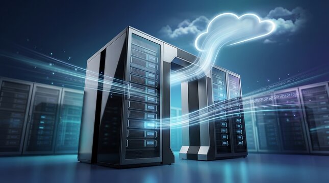 Data center server rack connected to glowing cloud icon via high speed fiber optic light trails representing cloud computing connectivity and digital storage in professional environment