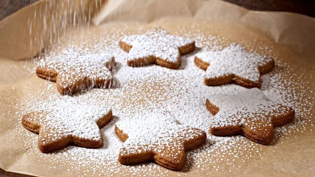 Sprinkling powdered sugar on festive star gingerbread cookies arranged on parchment paper