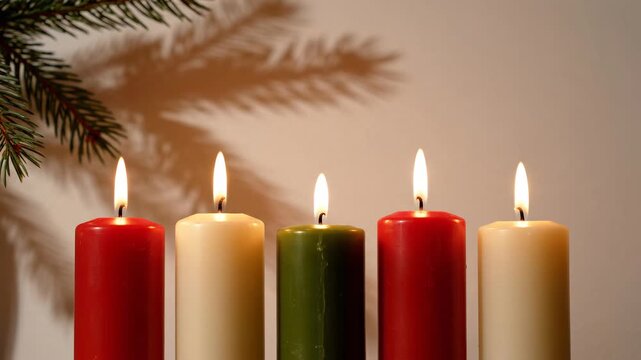Five colorful Christmas candles burning brightly with a festive pine branch shadow
