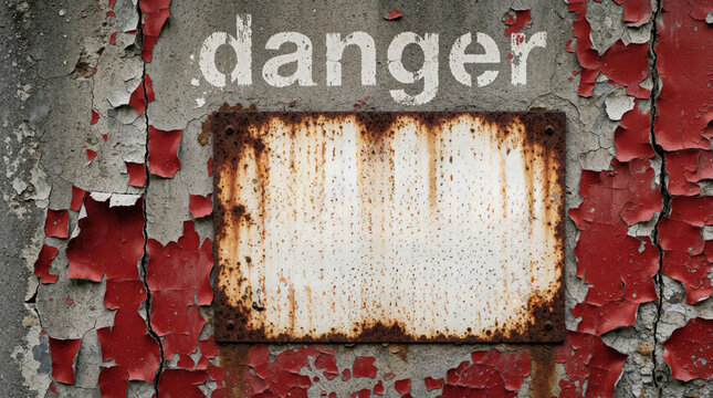Old concrete wall shows chipped red paint and rust metal plate. Stencil word danger implies health hazard. Text space available for additional warnings.