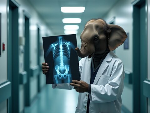 Elephant Doctor Shows X-Ray in Hospital Hallway - Humorous Medic