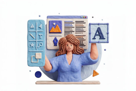 3d clay illustration graphic designer woman, web design software interface, content creator with toolbar and typography box