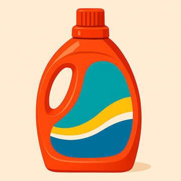 An orange plastic laundry detergent bottle with a colorful label in a flat vector style.