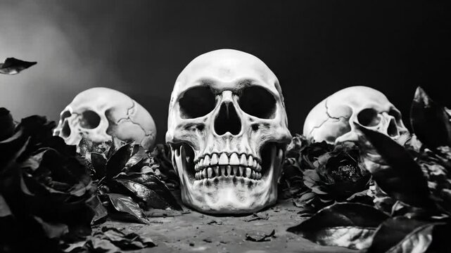Gothic composition of three skulls with dark flowers against a shadowy backdrop in grayscale.