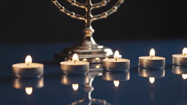 Burning tea light candles in front of a blurred Hanukkah menorah on dark background