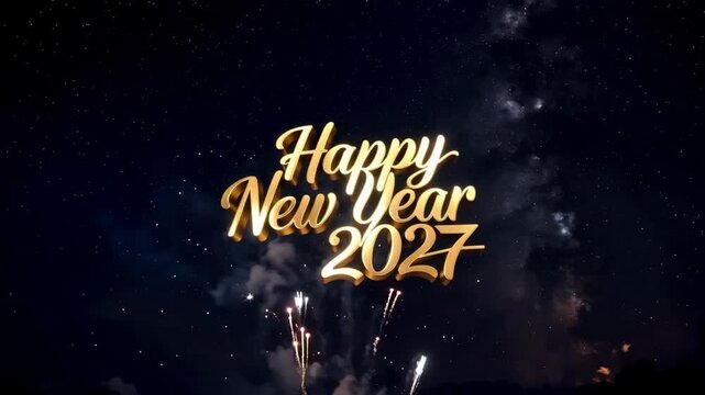Colorful fireworks illuminate night sky with golden text "Happy New Year 2027" in foreground, creating a festive atmosphere for New Year celebrations