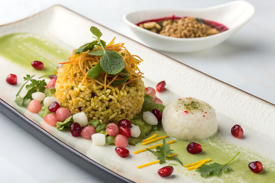 Gourmet Bhel Puri &mdash; deconstructed bhel puri with puffed rice, crispy sev, tamarind gel, mint foam and pomegranate, artistic asymmetrical plating, modern Indian gastronomy.
