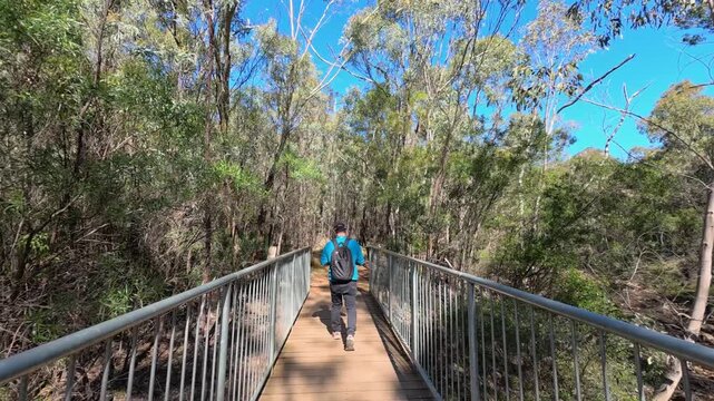 Hiker Walking Across a Metal Footbridge in Australian Bushland