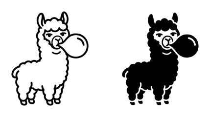 Fototapeta premium Cute Llama Bubble Gum Vector Icons, Black and White Alpaca Characters, Playful Animal Graphics for Kids and Branding