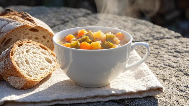 Steaming hot vegetable soup in white ceramic bowl with fresh crusty sliced bread on stone table