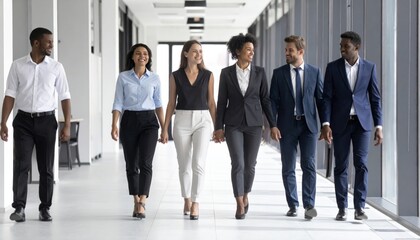 Fototapeta premium Businesspeople in Suits Walking Through a Modern Airport Corridor, Professional Corporate Team Traveling Together and Collaborating in a Business Environment